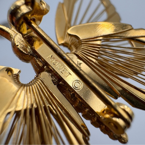 Monet gold-tone metal butterfly brooch filigree or "harp-like" wire wing design - Picture 4 of 5